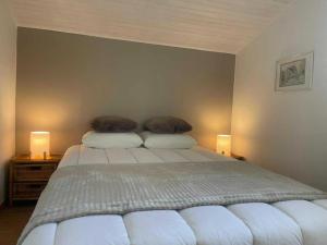 a bedroom with a bed with two pillows on it at Sunny Cottage with Pool in Purnode