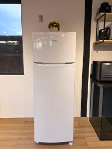 a white refrigerator with a plant on top of it at Villa Iñaru hospedaria in Aquidauana