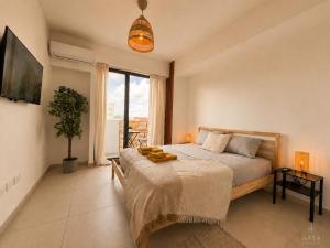 a bedroom with a large bed and a large window at Comfortable Central Apartment in Santo Domingo +47 photos