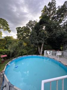 a large blue swimming pool with trees in the background at Villa Nacha in Villeta