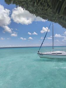 a boat sitting on the water in the ocean at Yacht for rent in Bacalar in Bacalar