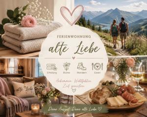 a collage of photos with a wedding sign and a table of food at Ferienappartment Alte Liebe in Poppenhausen +2 photos