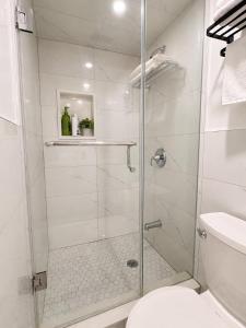 ein Badezimmer mit Glasdusche und WC in der Unterkunft TononHouse in Toronto