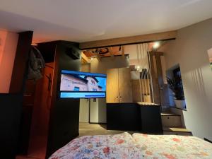 a bedroom with a bed and a flat screen tv at Gleisbett 12-1 in Meiningen
