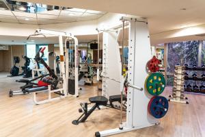 a gym with several treadmills and weights at Palasia Hotel in Koror