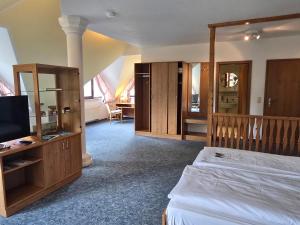 a hotel room with a bed and a television at Hotel Waldesruh in Lengefeld +36 photos