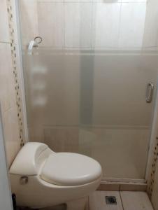 a white bathroom with a toilet and a shower at Apartamento lechería in El Morto de Barcelona