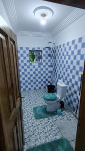 a blue and white bathroom with a toilet in it at Sweet Inn Limbe in Limbe +9 photos