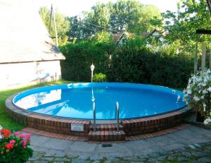 a large swimming pool in a yard with a landscaping at Ferienhaus mit Pool am See in Malchow