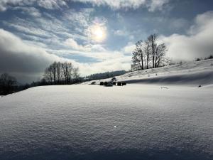 a snow covered field with the sun in the sky at Wilcza Osada Wellness Resort in Wilcza