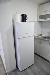 a white refrigerator in a kitchen next to a sink at Apartman biserna Sofija in Topola