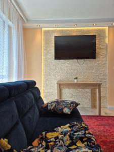a living room with a couch and a television on a wall at Makowy Apartament in Milicz