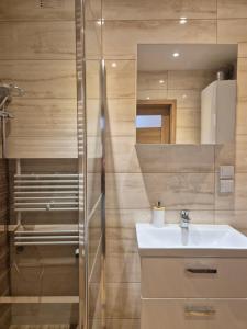 a bathroom with a sink and a shower at Makowy Apartament in Milicz +11 photos