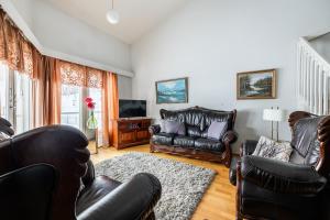 a living room with leather furniture and a television at Pyynpesä ! in Rovaniemi