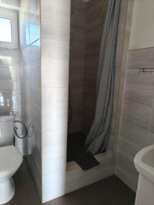 a bathroom with a shower with a toilet and a sink at Ubytovanie Pepo in Štúrovo