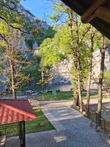 a picnic table in a park with a view of a lake at Moravski konak- Moravian Inn in Ovčar Banja +18 photos