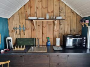 a kitchen counter with a sink and a microwave at Bjørneboestova in Åmli