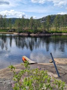 a boat sitting on the shore of a lake at Bjørneboestova in Åmli +4 photos