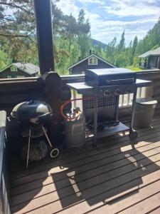 a grill on a deck with a view of trees at Äijänhonka Cottage in Jämsä +7 photos