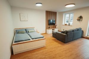 a bedroom with a bed and a couch and a tv at Apartmány u Jeníka in Děčín