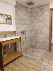 a bathroom with a shower with a sink and a mirror at A&S Vidugiris in Jurbarkas