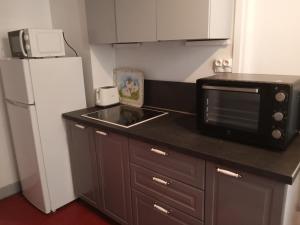 a kitchen with a microwave and a sink and a refrigerator at 2-room apartment in Clamecy
