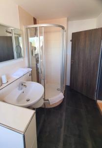 a bathroom with a shower and a sink and a toilet at 'Schlabecks - Fränkischer Hof' - - - Garni-Hotel-Pegnitz in Pegnitz +21 photos