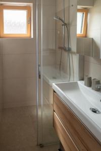 a bathroom with a shower and a sink at Villa ZENORIA in Zuberec