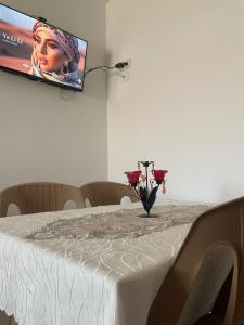 a table with a vase of flowers and a tv at Cozy Retreat in Bou Ficha