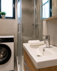 a bathroom with a sink and a washing machine at Microbyty & Apartments in Děčín +31 photos