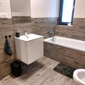 a bathroom with a sink and a tub and a toilet at Oščadnica, Tadorka in Čadca +26 photos