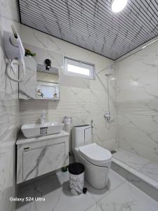 a white bathroom with a toilet and a sink at VILLA TAMARISI in Rokit'i +14 photos