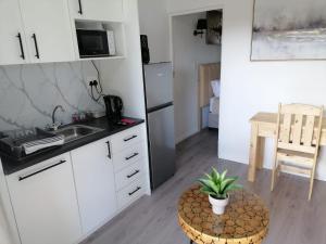 a kitchen with a sink and a refrigerator and a table at Zonnevanger Guesthouse in Noorder-Paarl