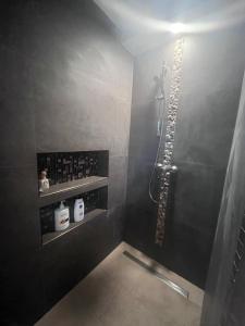 a bathroom with a shower in a black wall at Vadkörte Balaton Apartman in Balatonfůzfő
