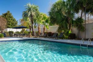 a swimming pool with chairs and palm trees at Courtyard by Marriott Valdosta in Valdosta