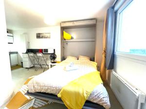 a bedroom with a bed with a yellow blanket at Hyper centre, rue piétonne, calme in Dijon +2 photos