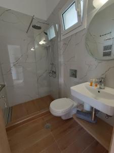 a bathroom with a shower and a toilet and a sink at Ioannis Fotinos Studios in Lygia