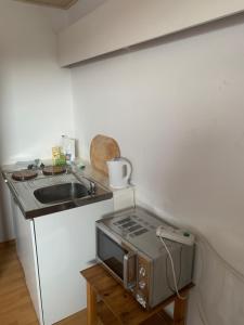 a small kitchen with a stove and a sink at Wappensaal Dhaun in Hochstetten-Dhaun