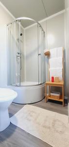 a bathroom with a shower and a toilet and a rug at Free People Bungalow & Cort in Vama Veche