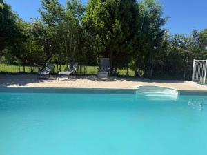 a view of a swimming pool with chairs and trees at Petite champagne in Germignac
