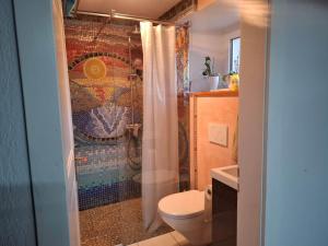 a bathroom with a toilet and a shower with a shower curtain at Maison mitoyenne avec terrasse in Asuel +9 photos