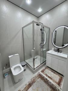 a bathroom with a toilet and a sink and a mirror at ЖК Ұлы Дала in Shymkent +10 photos