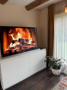 a living room with a flat screen tv and a fireplace at Chill Out Carnikava in Carnikava