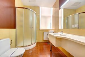 a bathroom with a shower and a toilet and a sink at Terra Nova Spa Hotel in Hatne