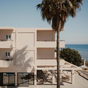 a white building with a palm tree and the ocean at Cavo Notos Beach Hotel in Kavos