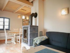 a living room with a fireplace and a couch at Poeler Inselhaus in Kaltenhof