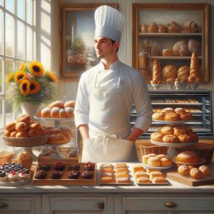 a chef standing in front of a bakery with pastries at Nava in Thong Sala