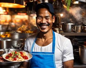 a man in a kitchen holding a plate of food at Nava in Thong Sala