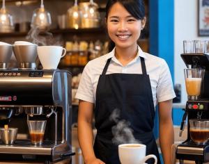 a woman standing in a coffee shop holding a cup of coffee at Nava in Thong Sala
