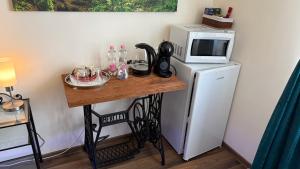 a small table with a microwave on top of a refrigerator at Alio Room Campulung Moldovenesc in Câmpulung Moldovenesc